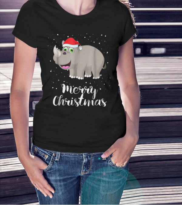 Merry Christmas Rhinoceros Santa Hat Family Group T-Shirt