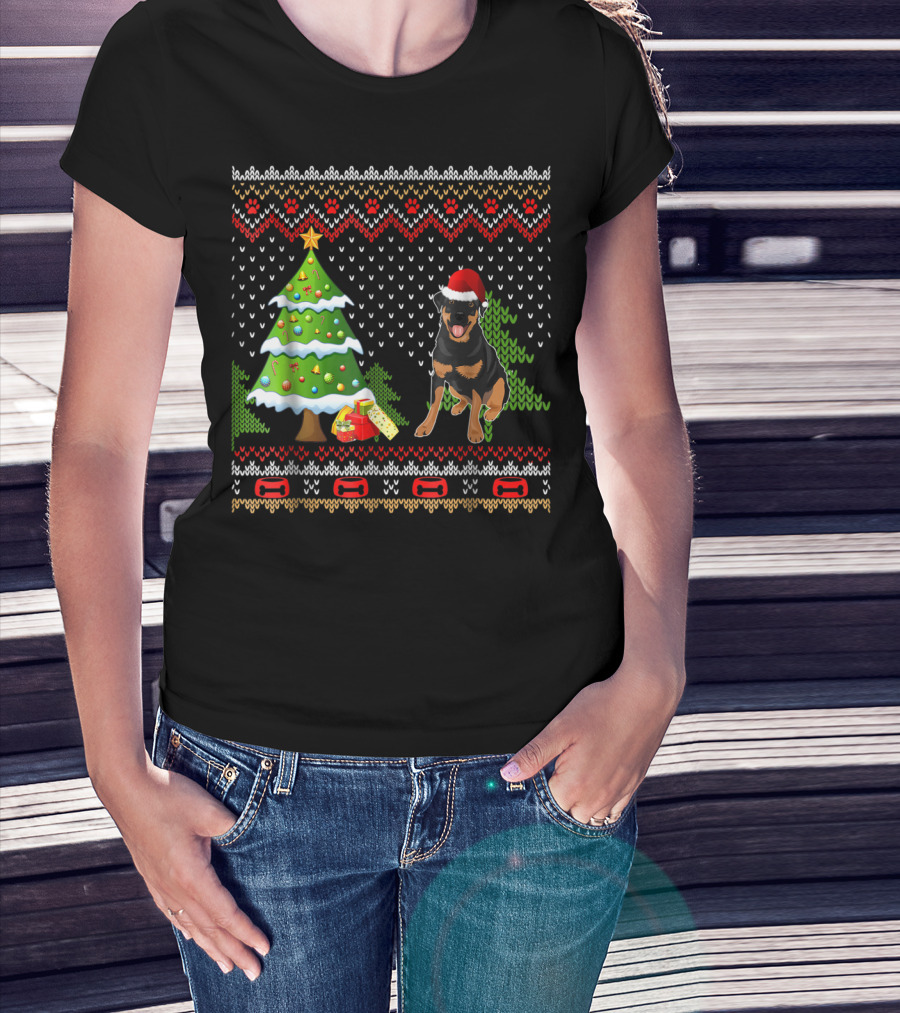 Rottweiler Santa Christmas Ugly Dog Sweater Tree And Gifts T-Shirt
