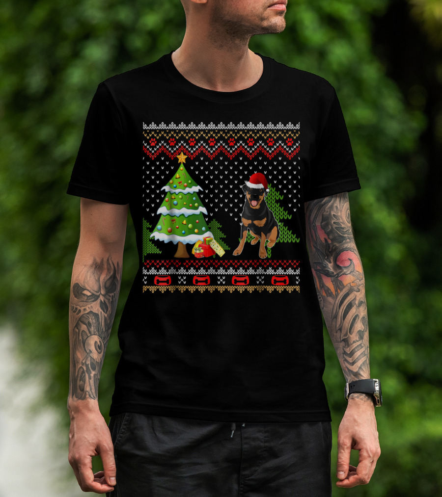 Rottweiler Santa Christmas Ugly Dog Sweater Tree And Gifts T-Shirt