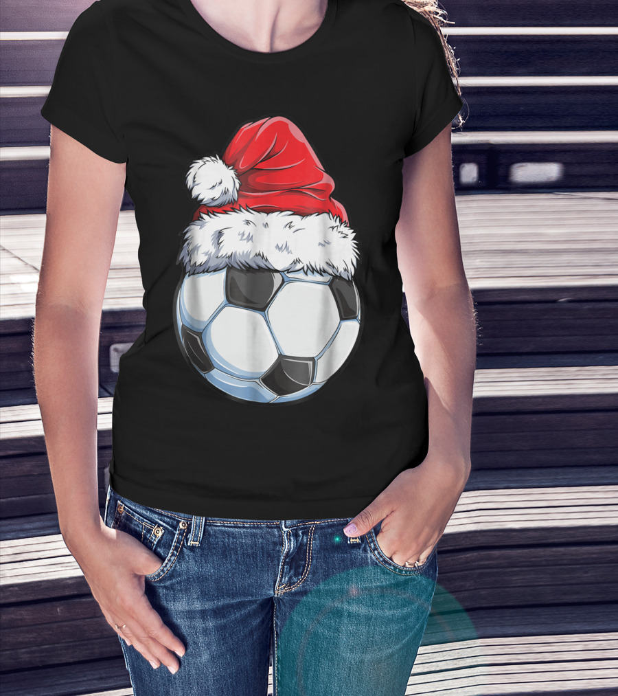 Santa Hat On Soccer Ball Christmas Xmas T-Shirt