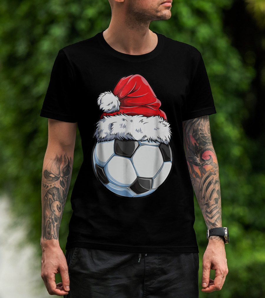 Santa Hat On Soccer Ball Christmas Xmas T-Shirt