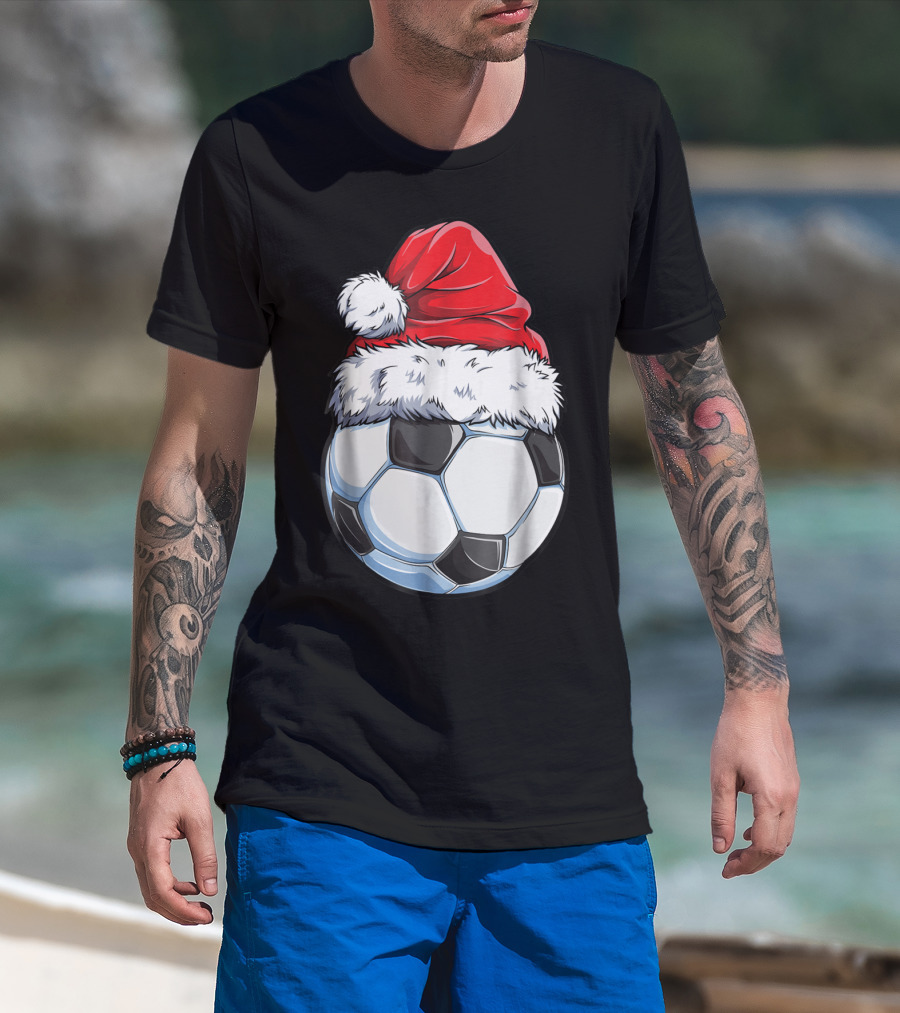 Santa Hat On Soccer Ball Christmas Xmas T-Shirt