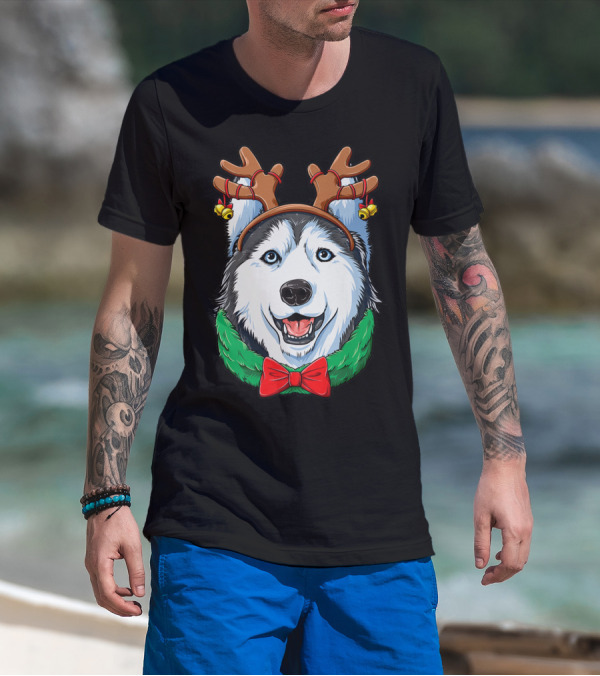 Siberian Husky With Christmas Reindeer Antlers And Festive Bow T-Shirt
