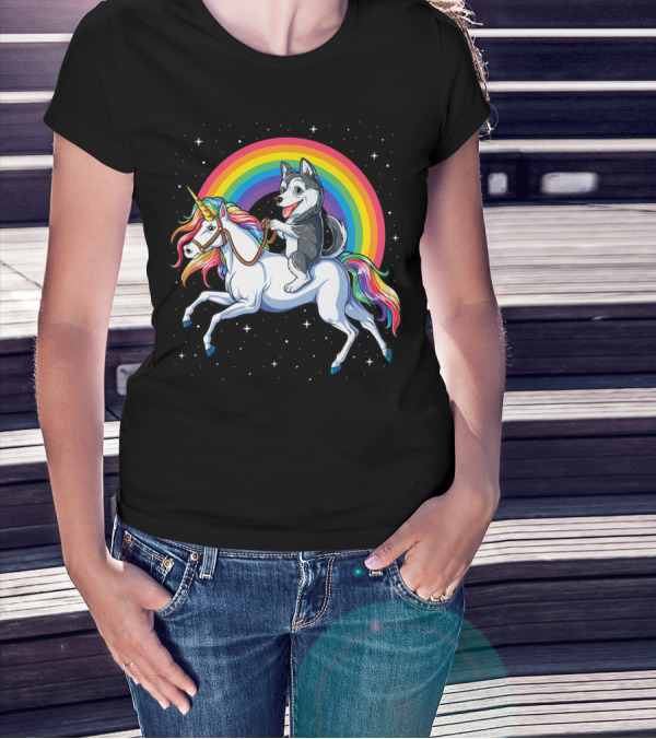 Siberian Husky Riding Rainbow Unicorn In Space Galaxy MK Women's T-Shirt