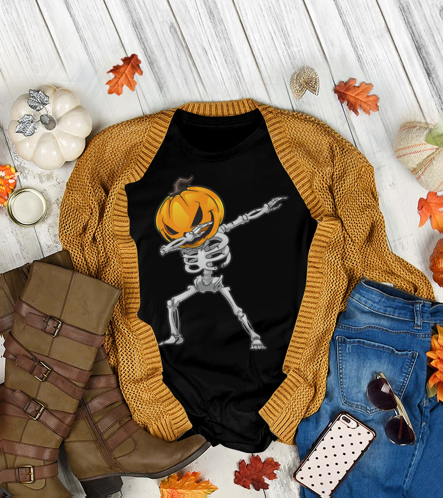 Skeleton Dabbing Halloween Scary Pumpkin Head Dance T-Shirt
