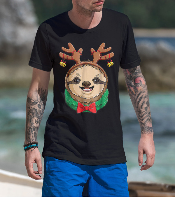 Sloth Christmas Reindeer Antlers Slothmas Xmas Festive Bow And Bells T-Shirt