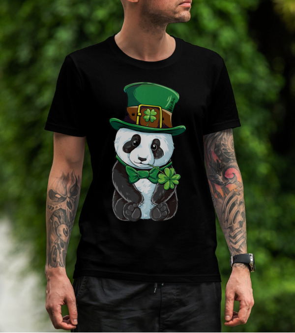 St Patricks Day Leprechaun Panda With Clover Cute Irish T-Shirt