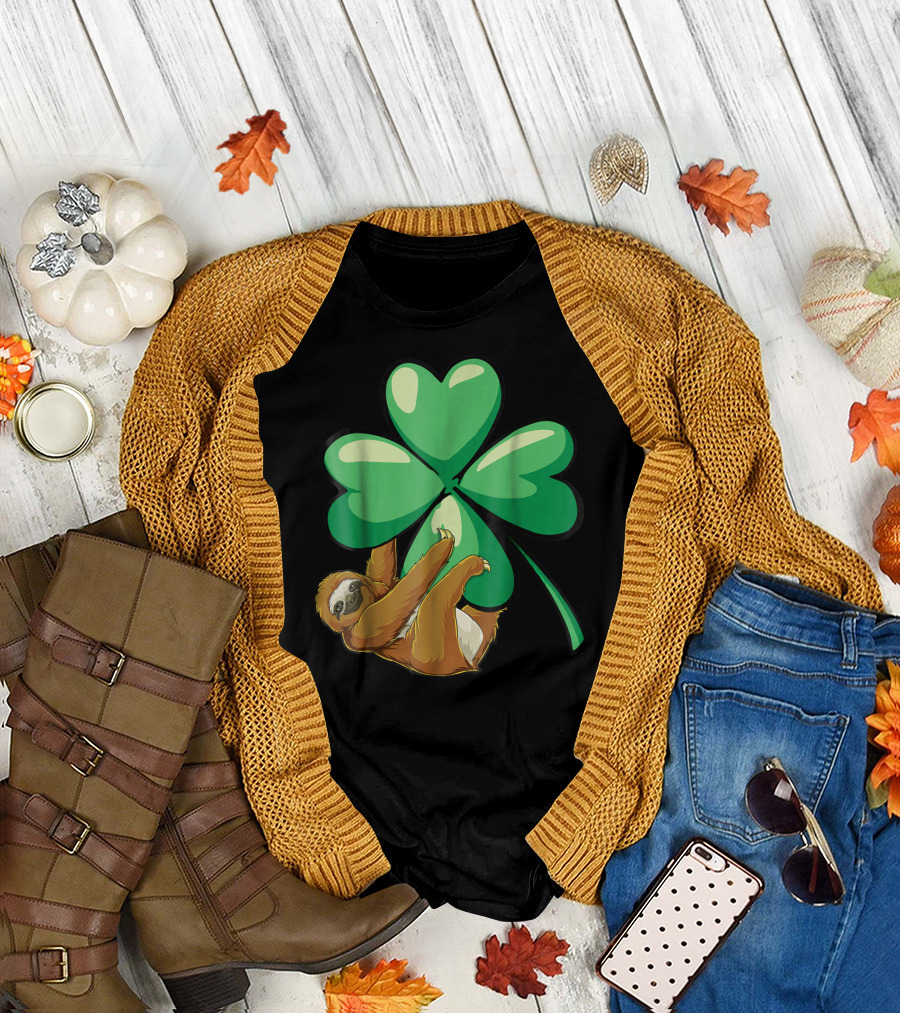 St Patricks Day Sloth Hugging Shamrock T-Shirt