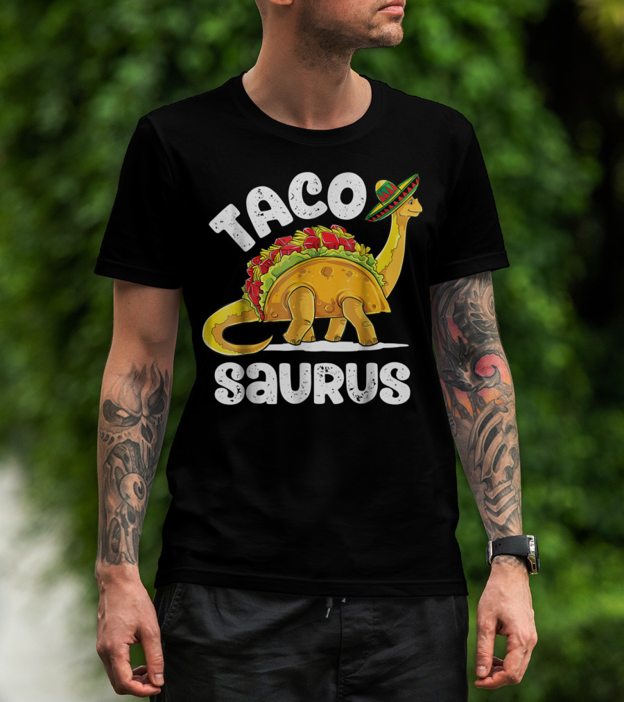 Tacosaurus Dinosaur Wearing Sombrero With Taco Shell Saddle T-Shirt