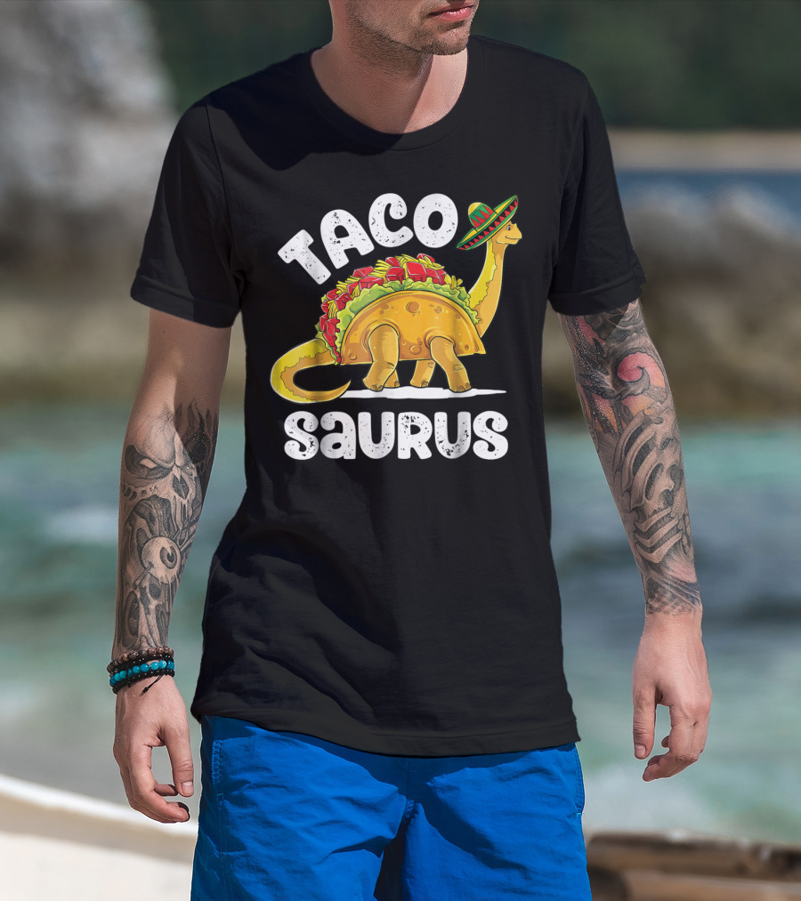 Tacosaurus Dinosaur Wearing Sombrero With Taco Shell Saddle T-Shirt