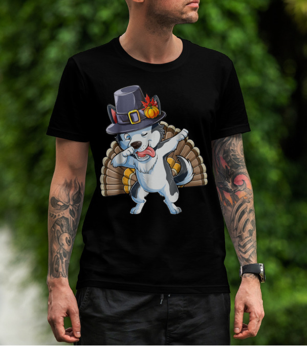 Thanksgiving Dabbing Siberian Husky In Pilgrim Hat With Turkey Feathers T-Shirt