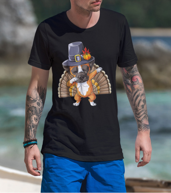 Thanksgiving Dabbing Boxer Turkey Dog In Pilgrim Hat T-Shirt