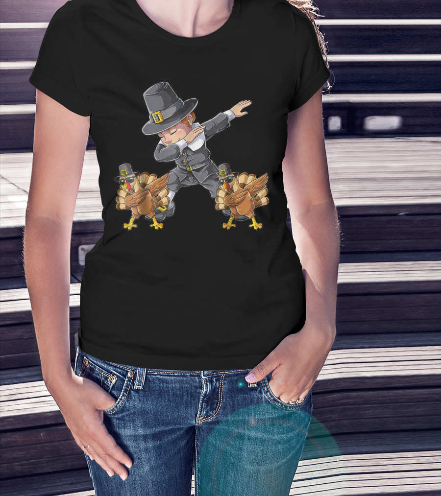 Thanksgiving Dabbing Pilgrim With Turkeys Kids UL T-Shirt