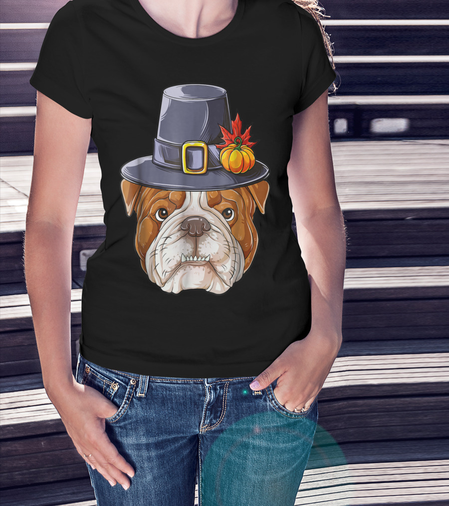 Thanksgiving Kids English Bulldog Pilgrim Hat Pumpkin Maple Leaf T-Shirt