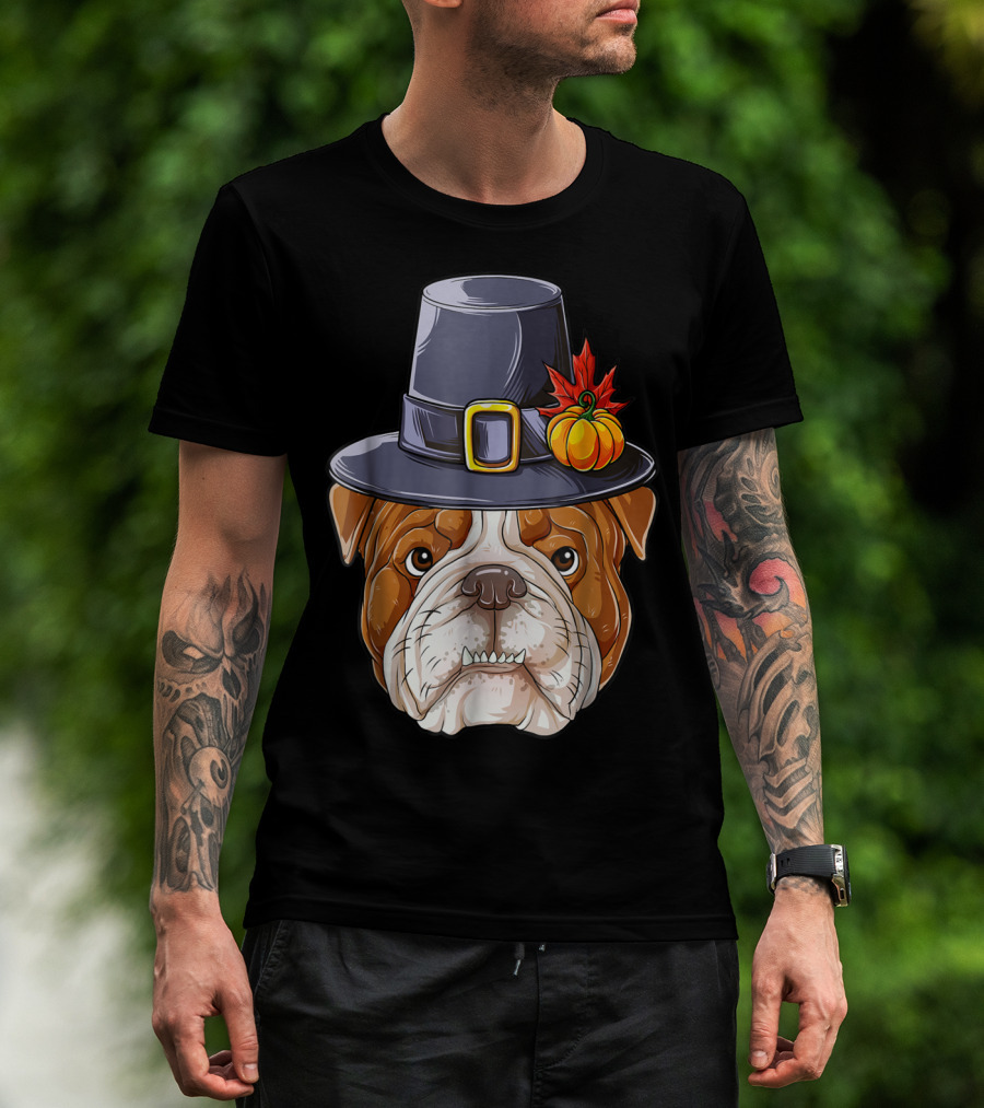 Thanksgiving Kids English Bulldog Pilgrim Hat Pumpkin Maple Leaf T-Shirt