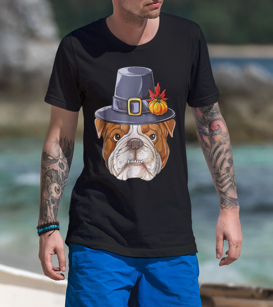 Thanksgiving Kids English Bulldog Pilgrim Hat Pumpkin Maple Leaf T-Shirt