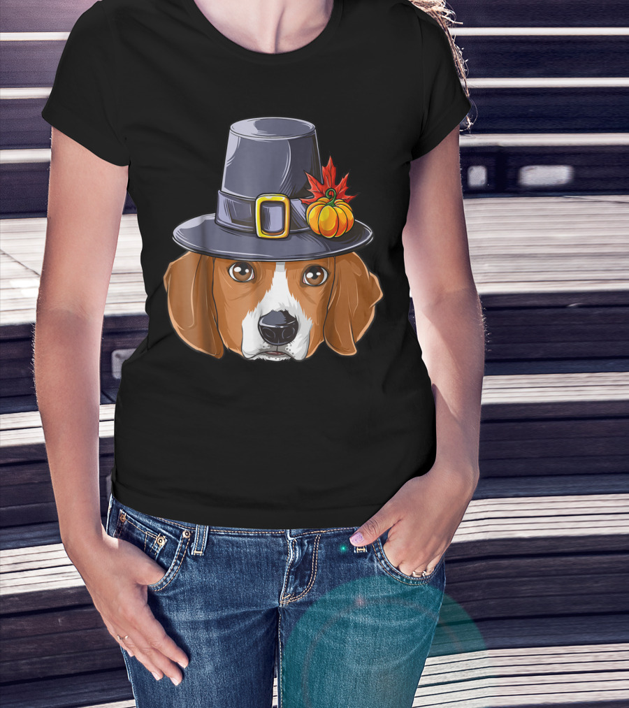 Thanksgiving Beagle Pilgrim Hat Pumpkin Leaf T-Shirt