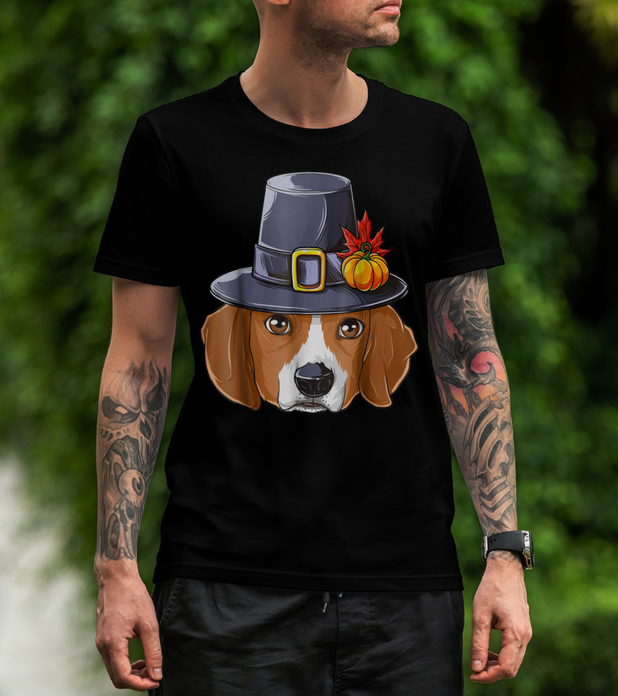 Thanksgiving Beagle Pilgrim Hat Pumpkin Leaf T-Shirt