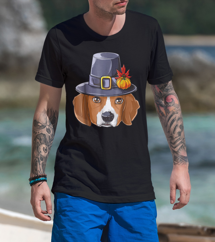 Thanksgiving Beagle Pilgrim Hat Pumpkin Leaf T-Shirt