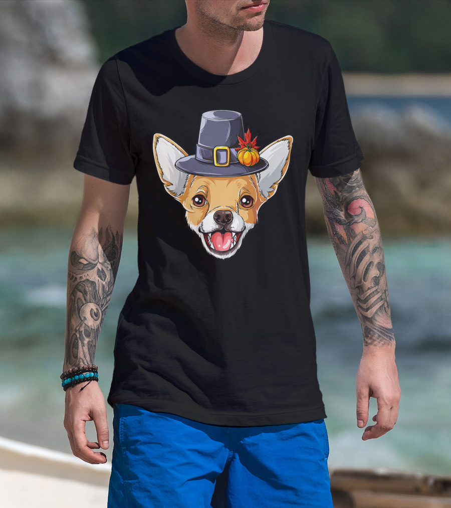 Pilgrim Hat Chihuahua With Thanksgiving Pumpkin And Leaf T-Shirt