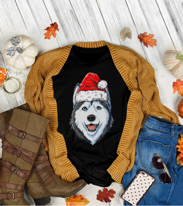 Siberian Husky Santa Christmas Hat Holiday Dog Festive T-Shirt
