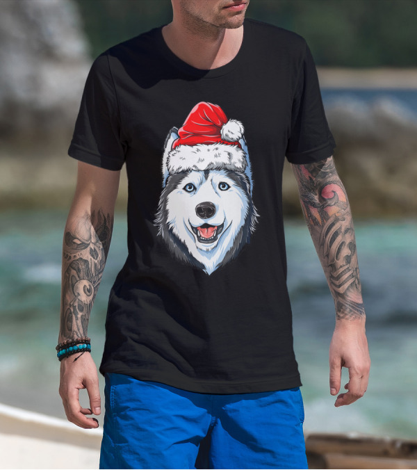 Siberian Husky Santa Christmas Hat Holiday Dog Festive T-Shirt