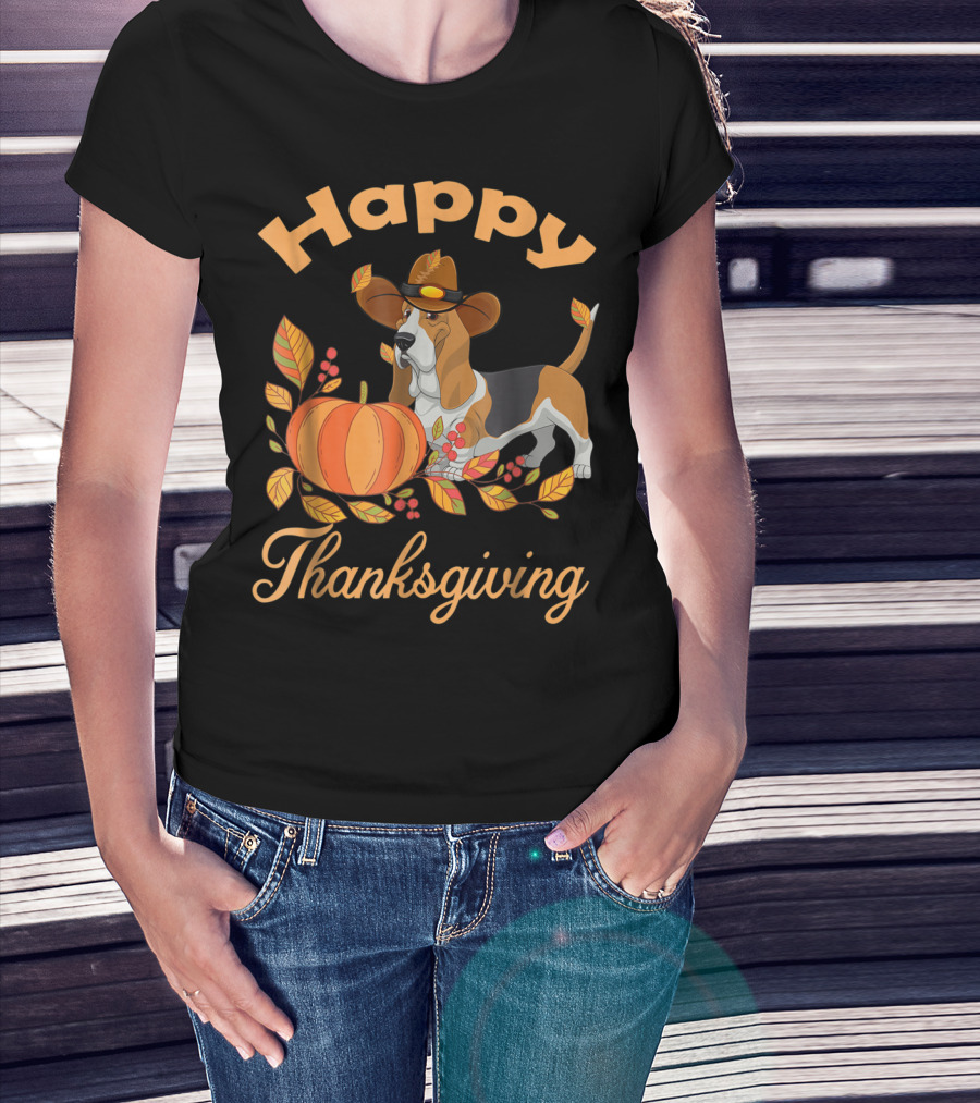 Happy Thanksgiving Basset Hound With Pumpkin And Pilgrim Hat T-Shirt