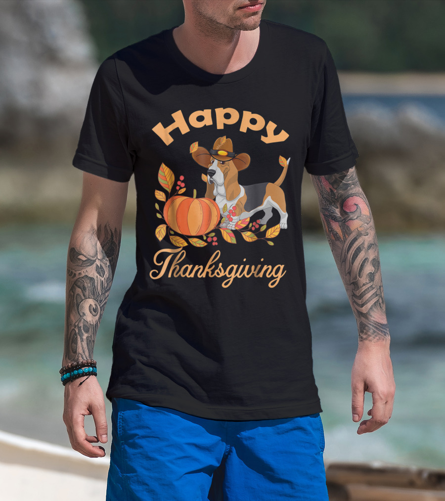 Happy Thanksgiving Basset Hound With Pumpkin And Pilgrim Hat T-Shirt