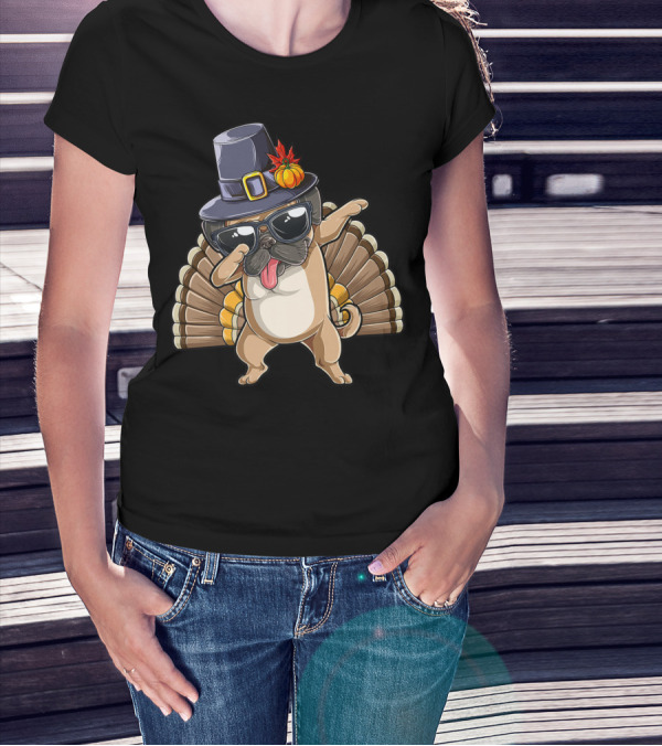 Happy Thanksgiving Pilgrim Hat Dabbing Pug With Turkey Tail T-Shirt