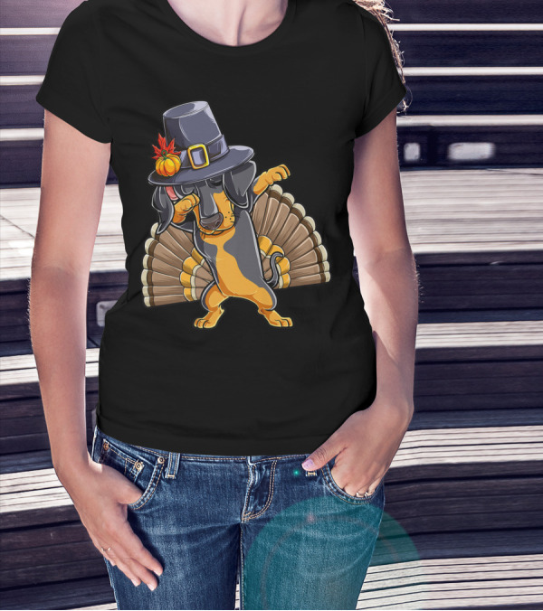 Thanksgiving Dabbing Dachshund Pilgrim Hat Turkey Tail T-Shirt