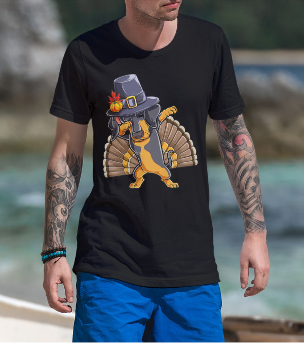 Thanksgiving Dabbing Dachshund Pilgrim Hat Turkey Tail T-Shirt