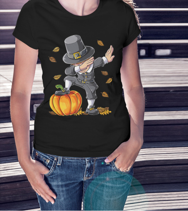Thanksgiving Dabbing Pilgrim Boy Pumpkin Autumn Leaves T-Shirt