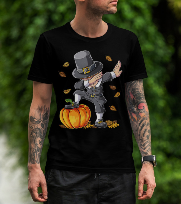 Thanksgiving Dabbing Pilgrim Boy Pumpkin Autumn Leaves T-Shirt