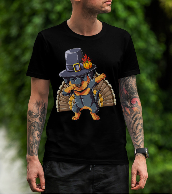 Thanksgiving Dabbing Rottweiler In Pilgrim Hat With Turkey Feathers T-Shirt