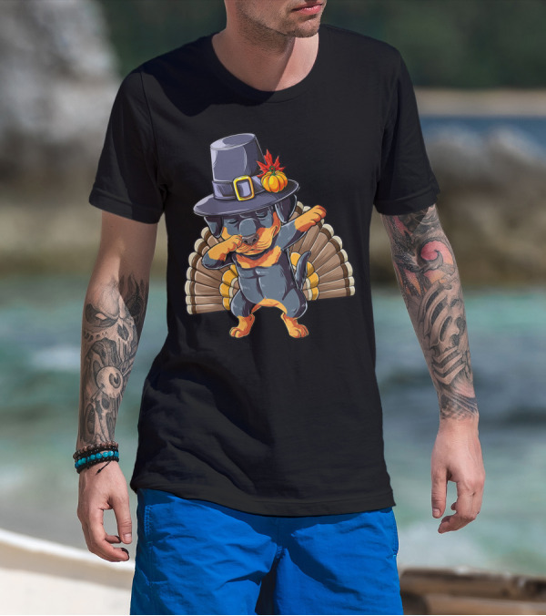 Thanksgiving Dabbing Rottweiler In Pilgrim Hat With Turkey Feathers T-Shirt