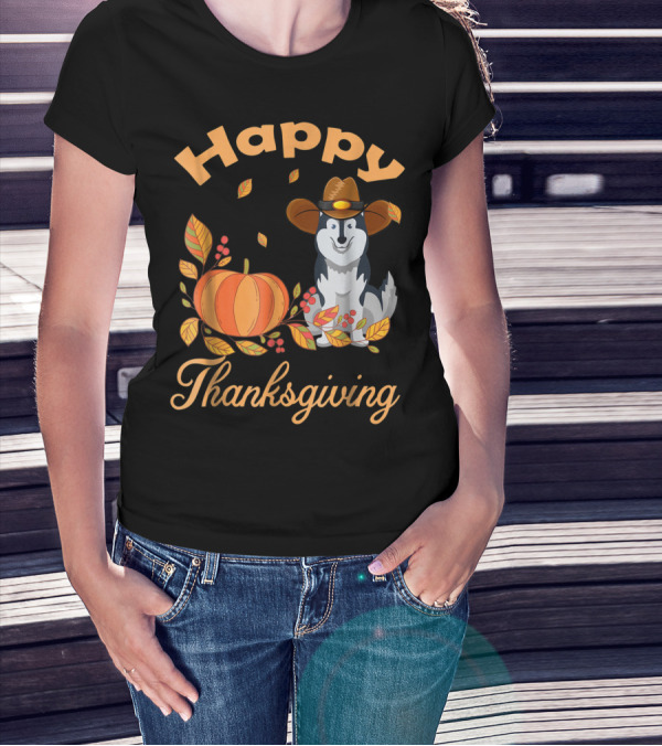 Happy Thanksgiving Siberian Husky With Pumpkin And Fall Leaves T-Shirt