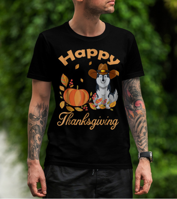 Happy Thanksgiving Siberian Husky With Pumpkin And Fall Leaves T-Shirt