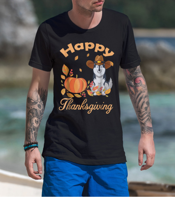 Happy Thanksgiving Siberian Husky With Pumpkin And Fall Leaves T-Shirt