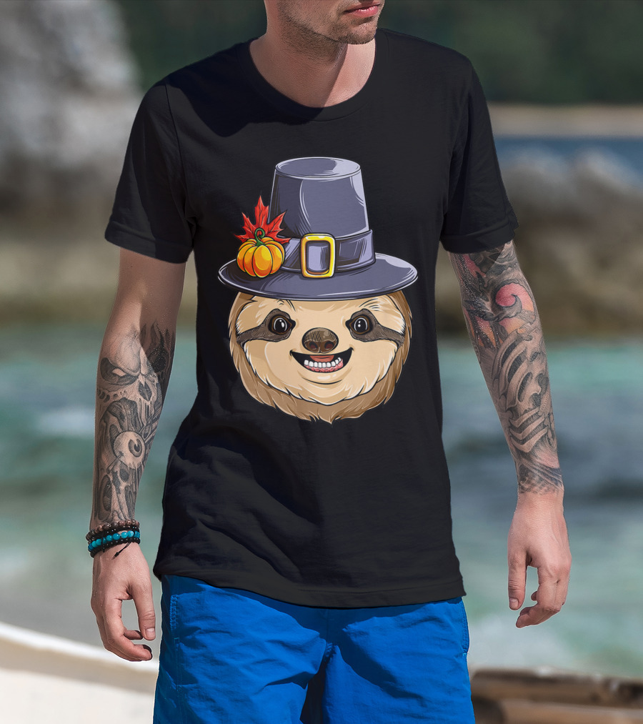 Thanksgiving Sloth With Pilgrim Hat Pumpkin And Autumn Leaves T-Shirt