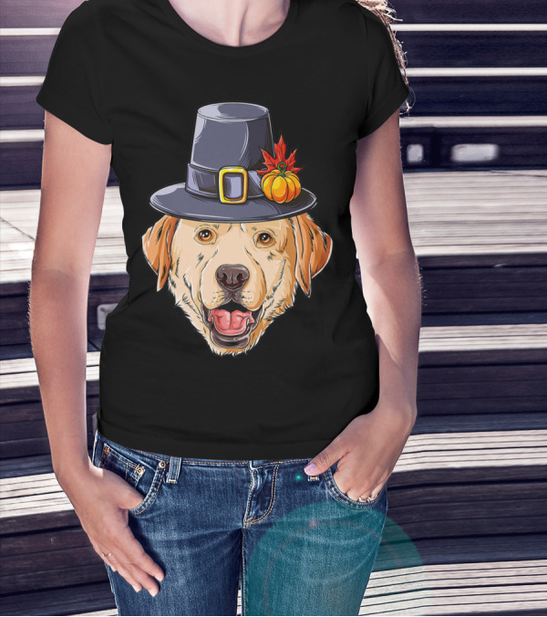 Thanksgiving Dog In Pilgrim Hat With Pumpkin And Leaf T-Shirt