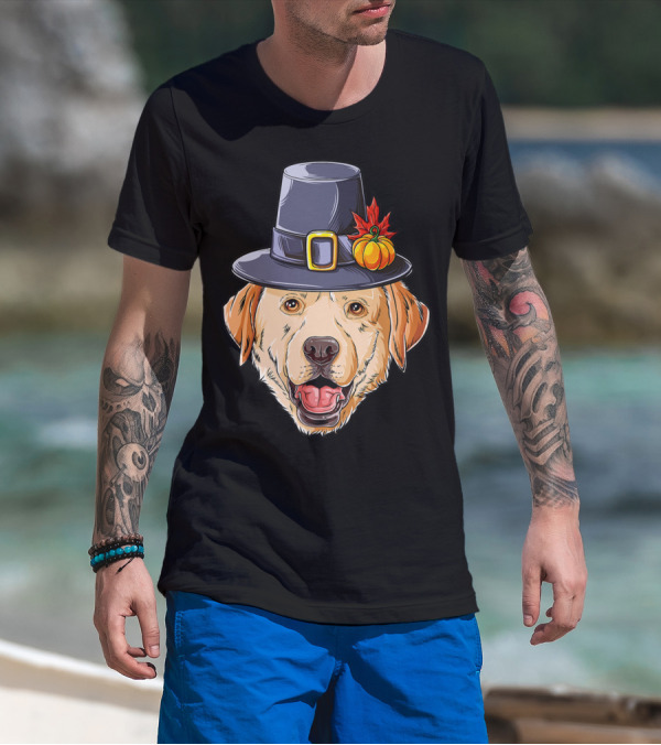 Thanksgiving Dog In Pilgrim Hat With Pumpkin And Leaf T-Shirt