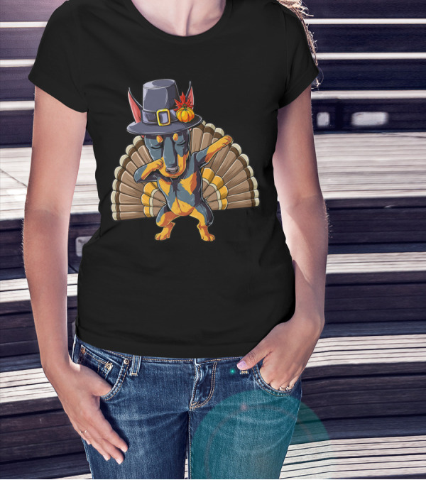 Thanksgiving Dabbing Doberman Pilgrim Hat Turkey Feather Background T-Shirt