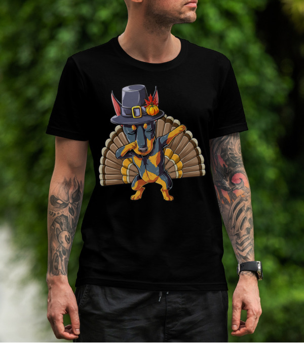 Thanksgiving Dabbing Doberman Pilgrim Hat Turkey Feather Background T-Shirt