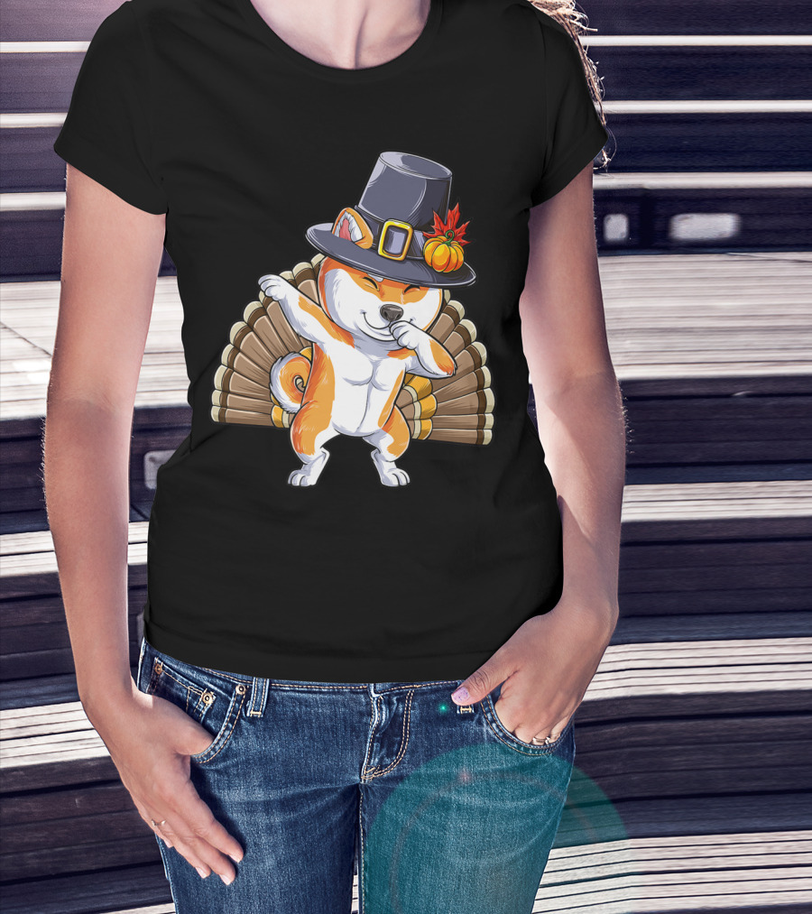 Thanksgiving Dabbing Shiba Inu Pilgrim Hat Turkey Background T-Shirt