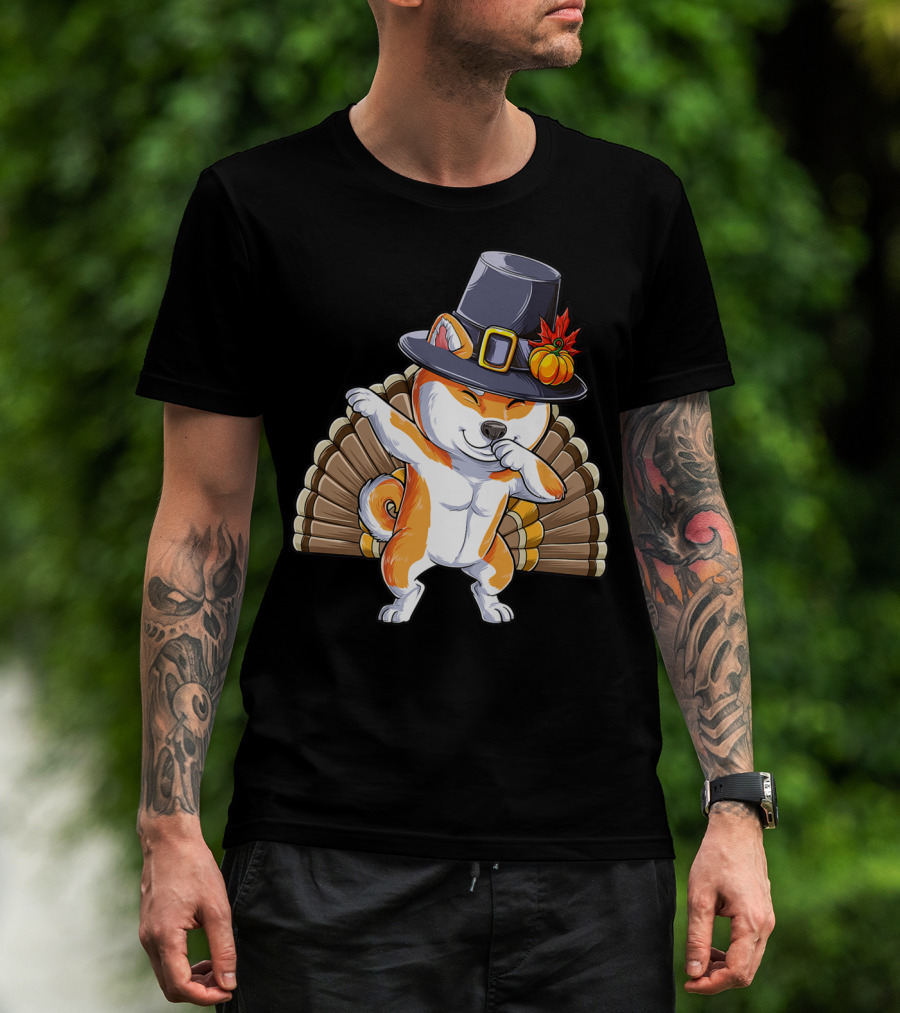 Thanksgiving Dabbing Shiba Inu Pilgrim Hat Turkey Background T-Shirt