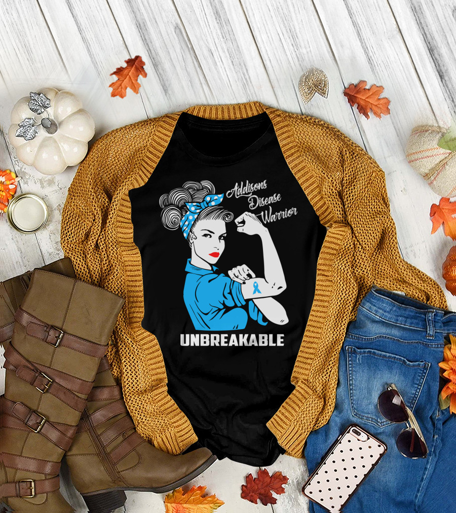 Addisons Disease Warrior Unbreakable Awareness Woman with Ribbon T-Shirt