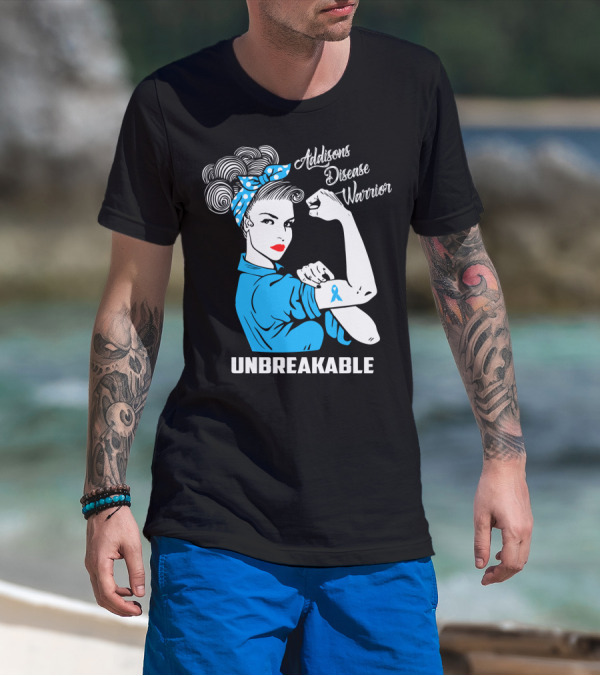 Addisons Disease Warrior Unbreakable Awareness Woman With Ribbon T-Shirt