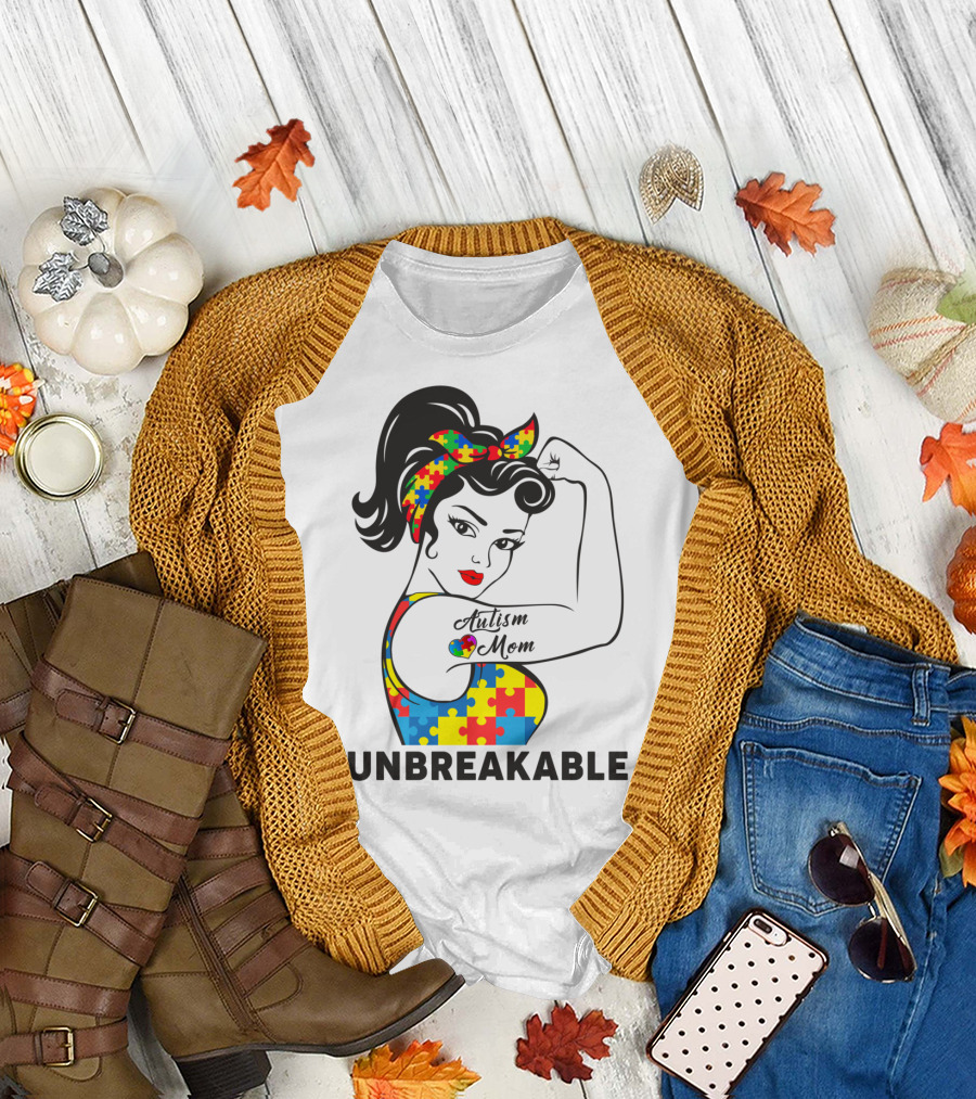 Autism Awareness Unbreakable Autism Mom Puzzle T-Shirt