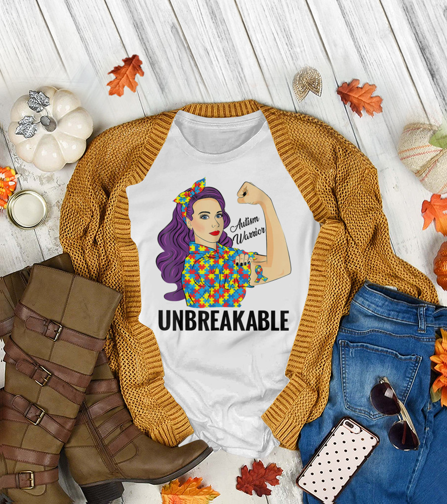 Autism Awareness Warrior Unbreakable Puzzle Ribbon Rosie the Riveter T-Shirt