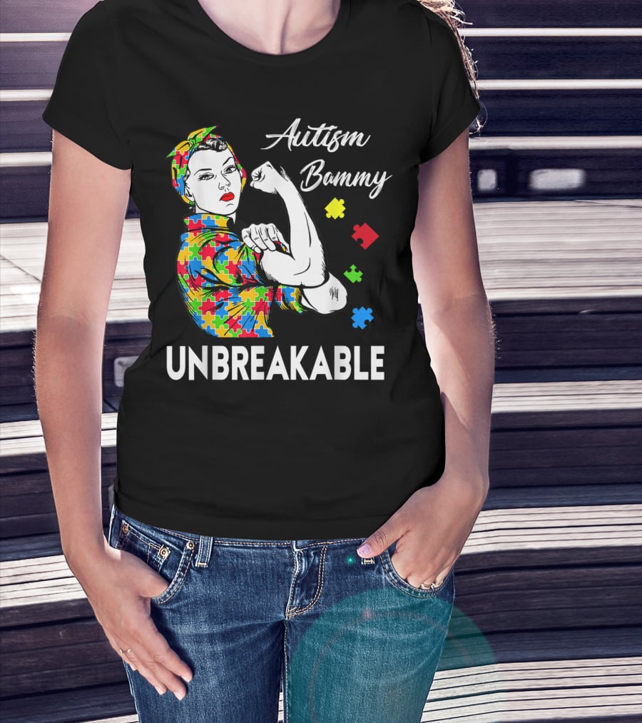 Autism Bammy Unbreakable Awareness Puzzle Piece Rosie The Riveter T-Shirt